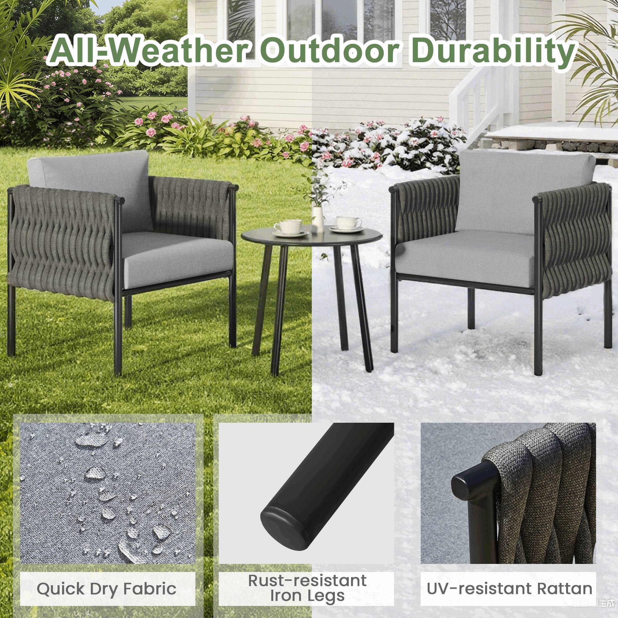 All-Weather Outdoor Durability

Quick Dry Fabric

Rust-resistant Iron Legs

UV-resistant Rattan