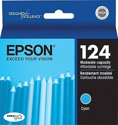 DESIGNED FOR EXCELLENCE  
EPSON  
EXCEED YOUR VISION  

124  
Moderate-capacity Affordable cartridge  
Rendement modéré Cartouche abordable  

Cyan  

DURABrite Ultra