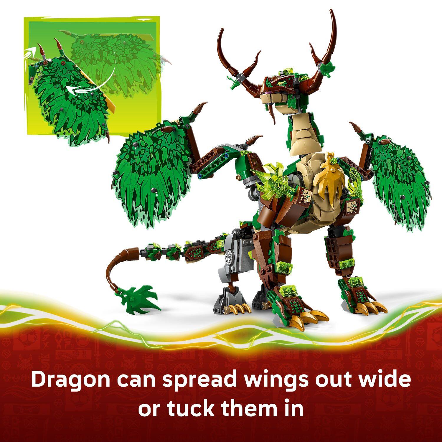 Dragon can spread wings out wide or tuck them in