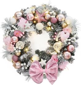 GARVEE - 24 Inch Pink Christmas Wreath with 20 LED Lights, Ribbon Bow, Berries, Ornaments, for Front Door Fireplace Window Wall - Green