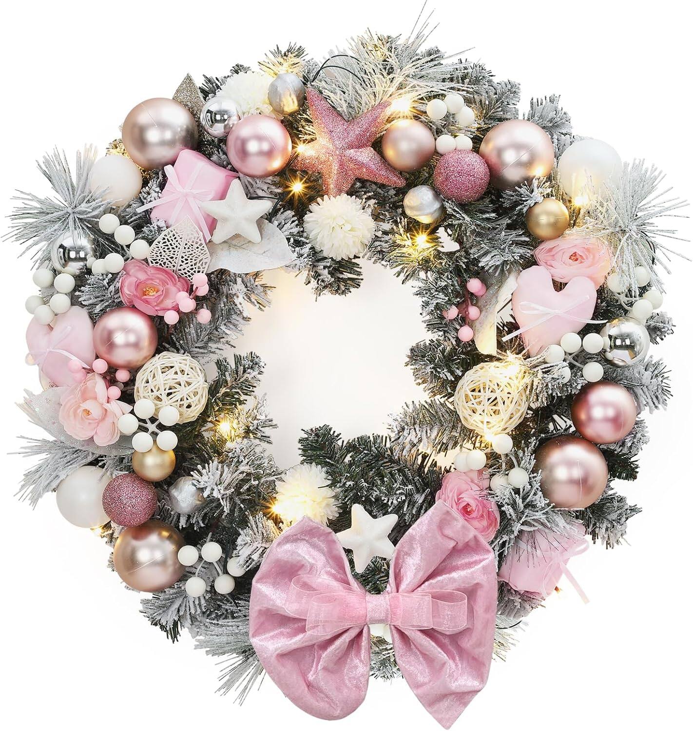Front. GARVEE - 24 Inch Pink Christmas Wreath with 20 LED Lights, Ribbon Bow, Berries, Ornaments, for Front Door Fireplace Window Wall - Green.