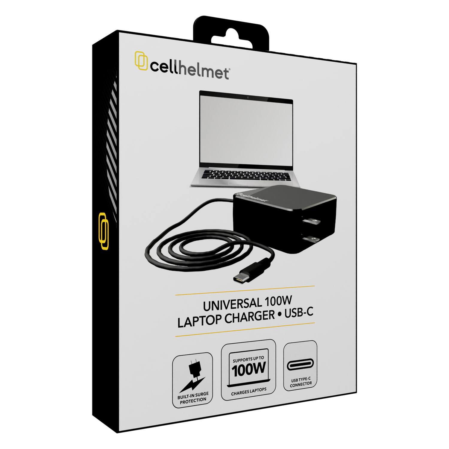 cellhelmet  
UNIVERSAL 100W LAPTOP CHARGER • USB-C  
BUILT-IN SURGE PROTECTION  
SUPPORTS UP TO 100W  
CHARGES LAPTOPS  
USB TYPE-C CONNECTOR