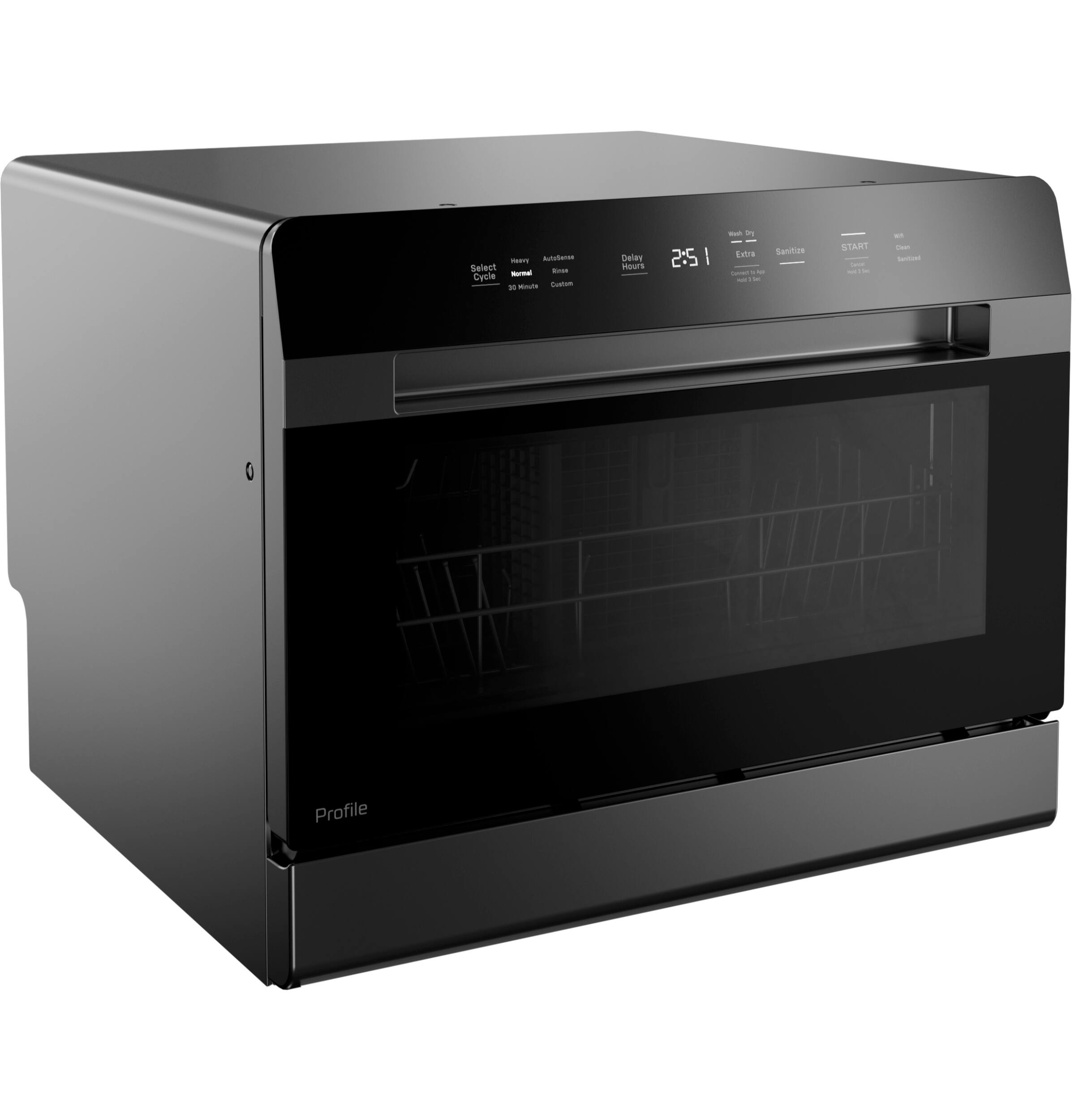 Sure, here is the corrected and grouped text from the image:

**Top Left:**
- Select
- Normal
- 30 Minutes

**Top Center:**
- AutoSensor
- Delay Hours
- 2:51

**Top Right:**
- Extra
- Sanitize
- START
- Cancel

**Bottom Left:**
- Profile

**Bottom Center:**
- 30 Minutes

**Bottom Right:**
- Custom