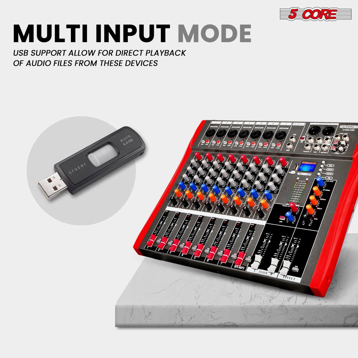 MULTI INPUT MODE

USB SUPPORT ALLOW FOR DIRECT PLAYBACK OF AUDIO FILES FROM THESE DEVICES

5 CORE