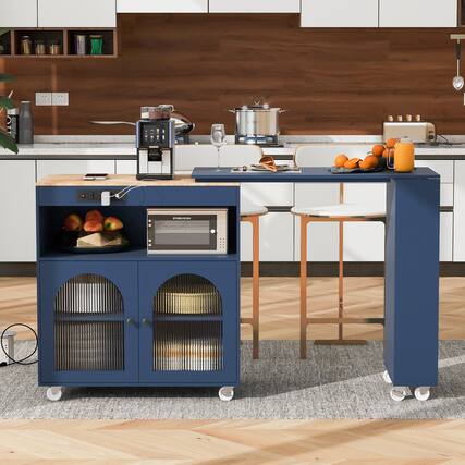 Front. PexFix - Rolling Kitchen Island Cart with Extended Table, LED Lighting, Power Outlets and 2 Fluted Glass Doors for Small Space - Blue.