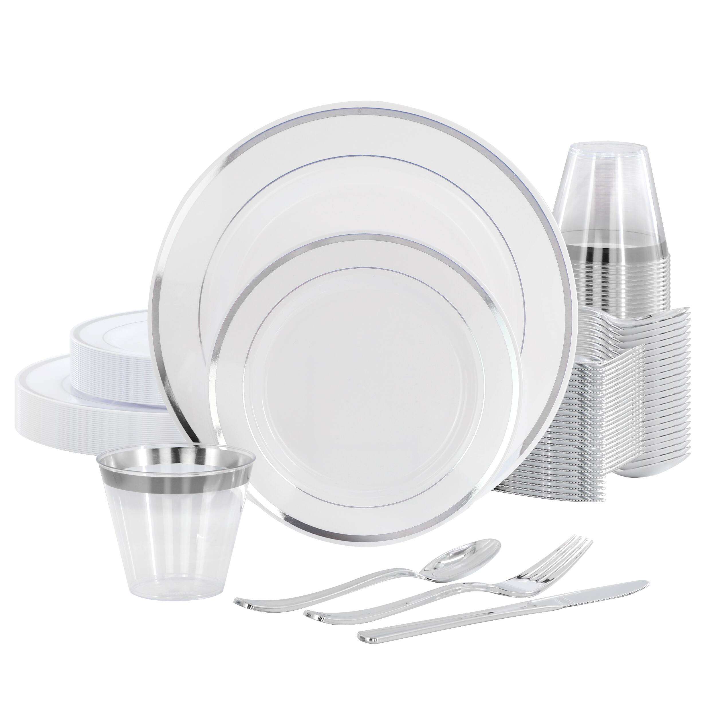 Elama - 150 Piece Disposable Plastic Dinnerware Party Set for 25 Guests with Silver Trim - White price history on PriceWatchPro