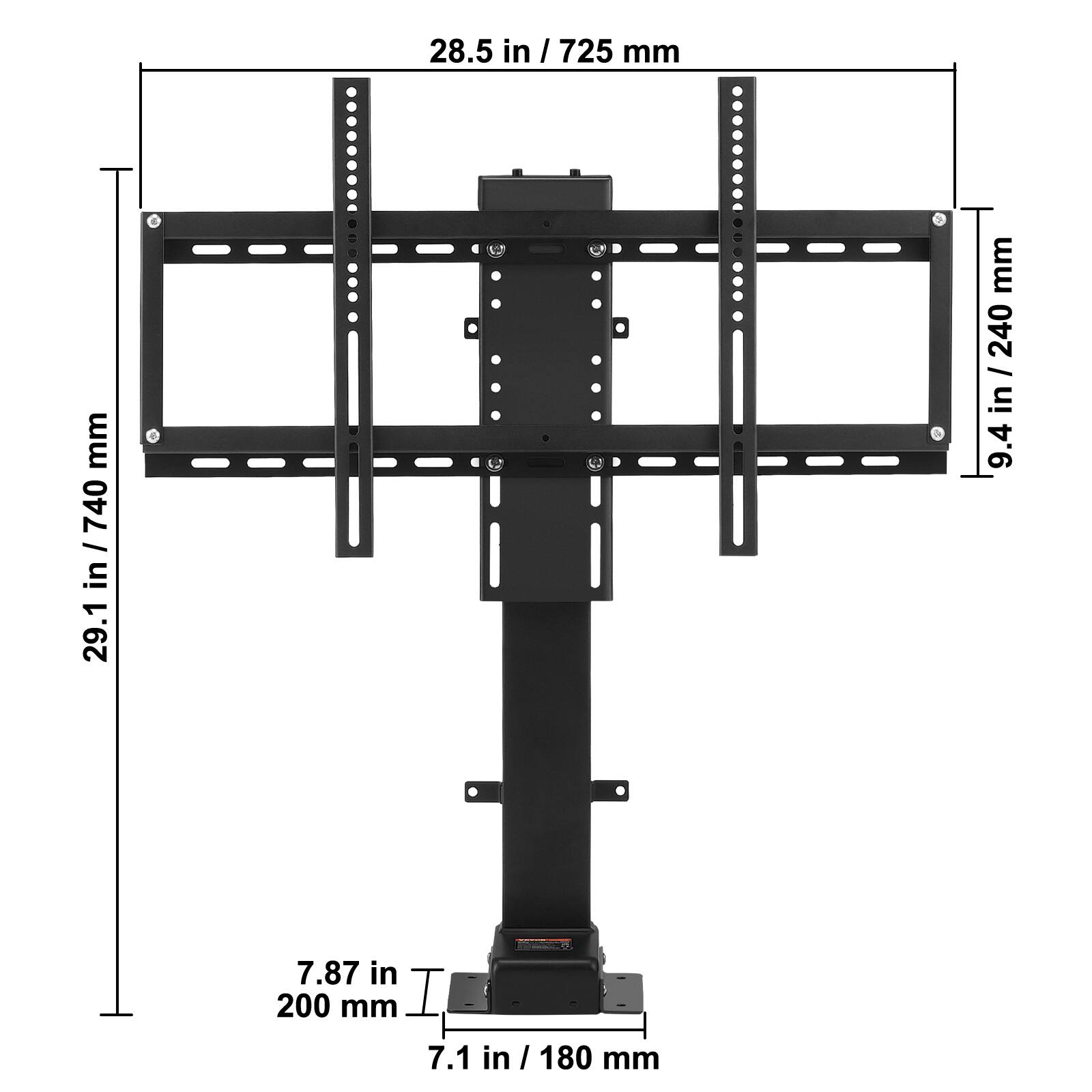 28.5 in / 725 mm  
29.1 in / 740 mm  
9.4 in / 240 mm  
7.87 in / 200 mm  
7.1 in / 180 mm