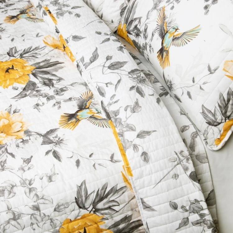 Left. Hivvago - Full/Queen 3 Piece White Yellow Grey Reversible Floral Birds Cotton Quilt Set - Grey, Yellow.