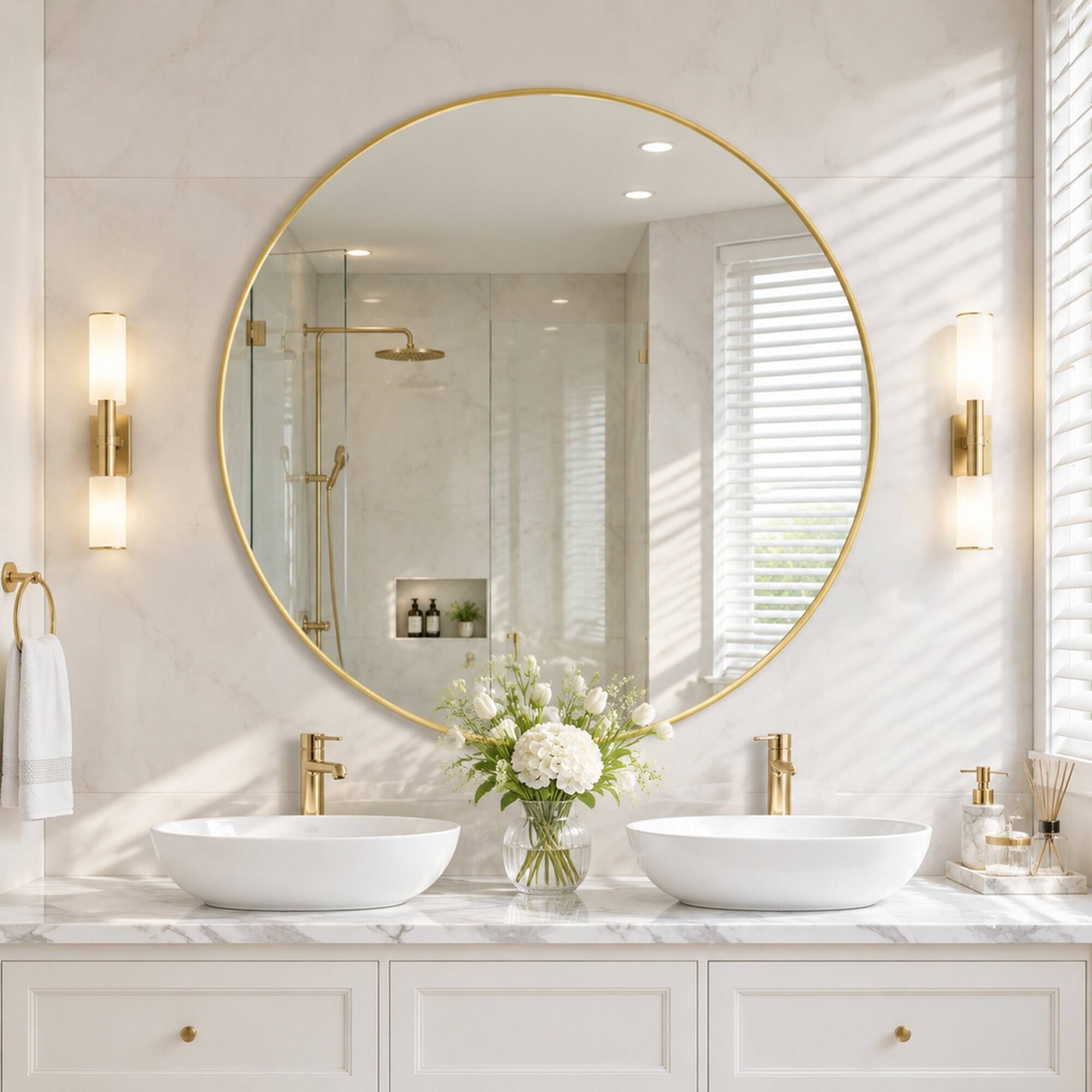 Back. RYHNUYNE - 48 Inch Round Gold Wall Mirror, Metal Frame, Dust Proof, Wall Mounted, Bathroom and Bedroom Decor - Gold.