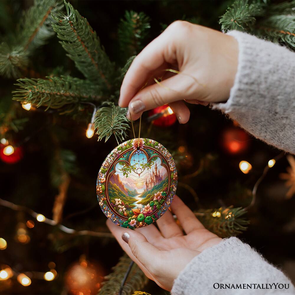 Alt View 1. OrnamentallyYou - Castle Art with Lush Forest Stained Glass Style Ceramic Ornament Christmas Gift and Decor - Multi-colored.