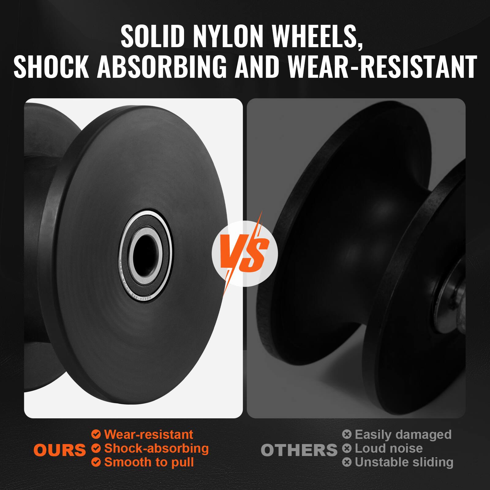 SOLID NYLON WHEELS, SHOCK ABSORBING AND WEAR-RESISTANT

OURS
- Wear-resistant
- Shock-absorbing
- Smooth to pull

OTHERS
- Easily damaged
- Loud noise
- Unstable sliding
