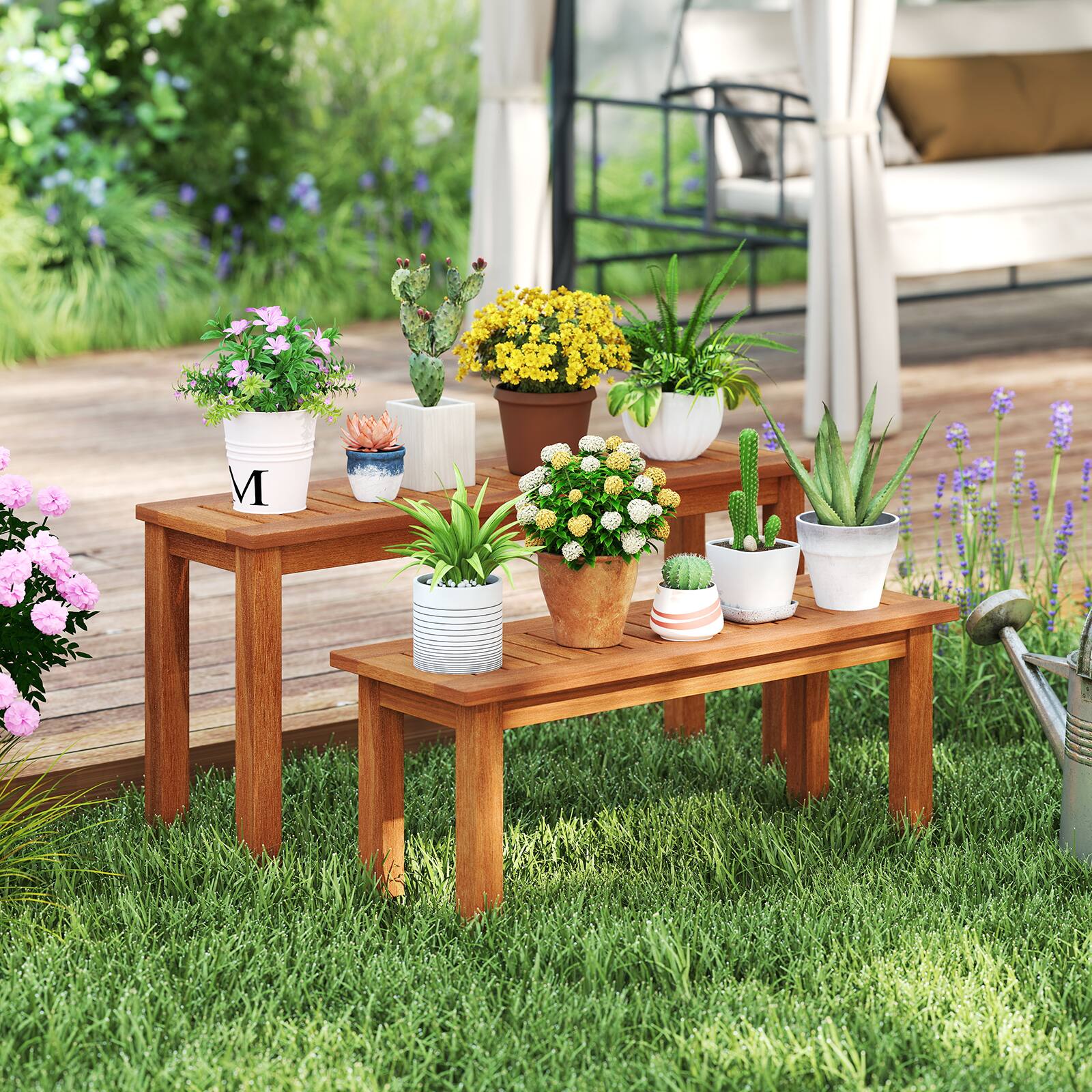 Alt View 1. Gymax - Gymax Wooden Plant Stand Set of 2 w/ Teak Oil Finish Slatted Top Rustic Plant Rack - Brown.