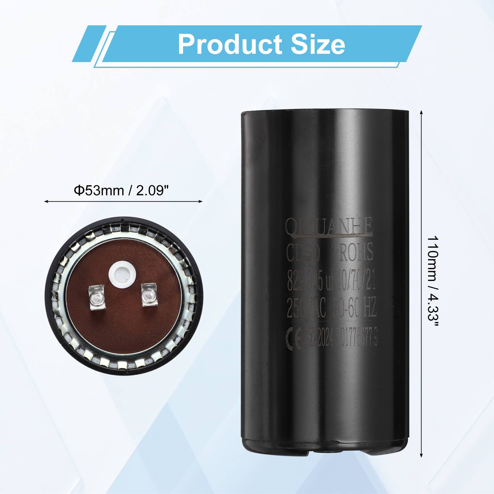 Product Size: 53mm / 2.09" x 2.09"  
OLUANHE CD60 ROHS  
829005 U 0.7021  
250VAC 10-60 HZ  
C 20240177ST7S  
110mm / 4.33"