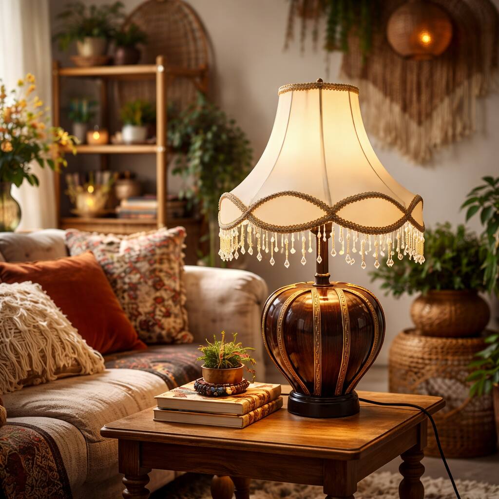 FC Design - 22"H Brown Glossy Vase w/ Gold Panel & Faux Crystal Fringe Shade Table Lamp