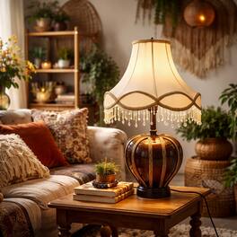 FC Design - 22"H Brown Glossy Vase w/ Gold Panel & Faux Crystal Fringe Shade Table Lamp