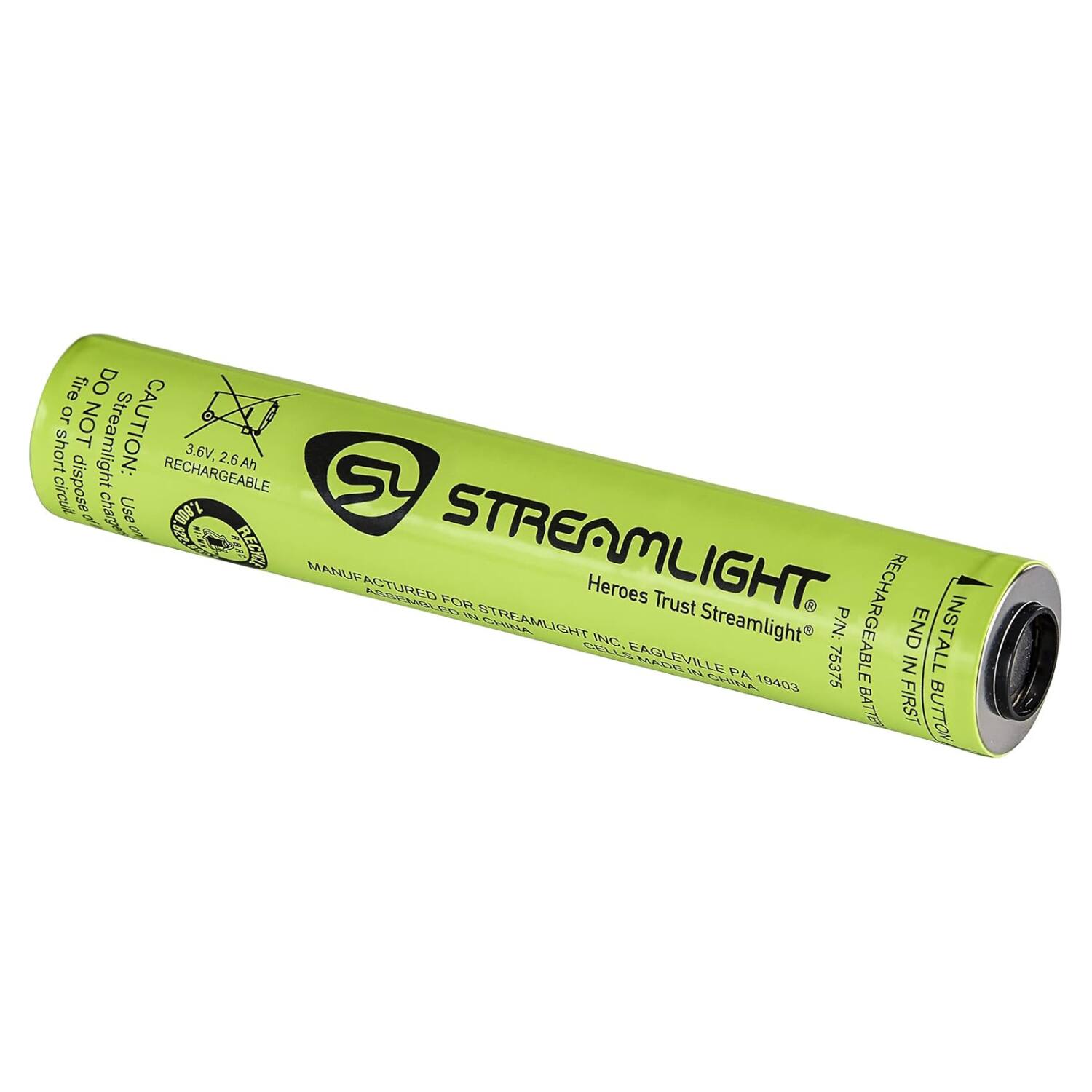 fire DO or NOT short Streamlight CAUTION: RECHARGEABLE 3.6V, 2.6 Ah circul dispose hare Use 000 I Sy Or - RECK MANLIT STREAMLIGHT ACTURED EAS FOR Heroes MLED E s Trust RECHARGEABLE STREAMLIGHT CEENA INC Streamlight P/N: END INSTALL CA ILS EAGLEVILLE E PA 75375 IN CIH 19403 BA FIRST BATTE BUTTON

---

**Corrected Text:**

- DO NOT discharge, use or short circuit.
- CAUTION: RECHARGEABLE 3.6V, 2.6 Ah
- STREAMLIGHT
- Heroes Trust Streamlight®
- RECHARGEABLE
- END IN FIRST
- INSTALL BUTTON
- MANUFACTURED FOR STREAMLIGHT INC. EAGLEVILLE PA 19403
- MADE IN CHINA