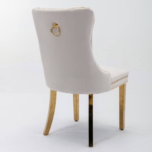 Back. LUCKY ONE - Assembled Tufted Velvet Dining Chair Set of 2 with Golden Stainless Steel Legs Nailhead Trim - Beige.