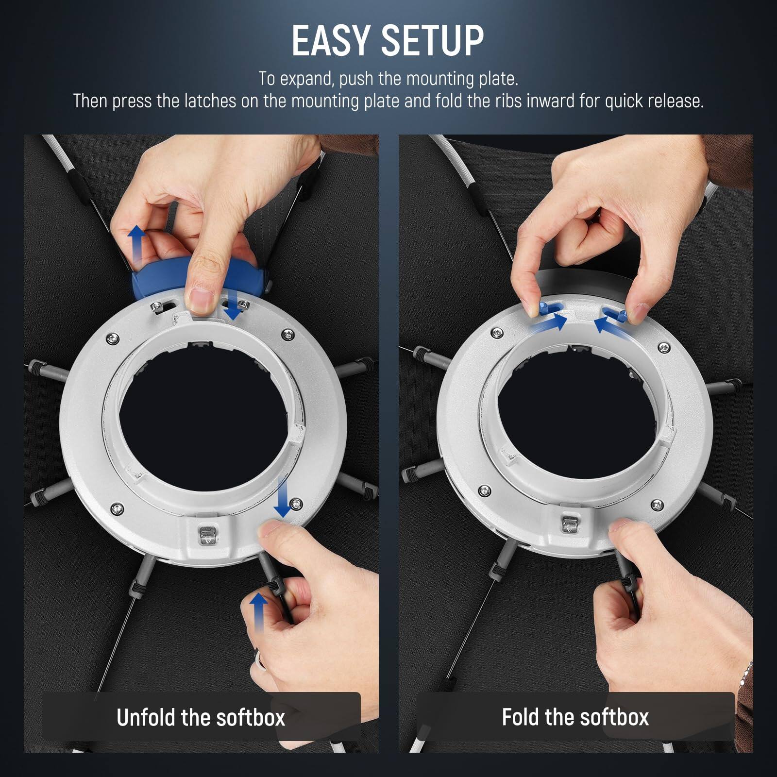 EASY SETUP

To expand, push the mounting plate. Then press the latches on the mounting plate and fold the ribs inward for quick release.

Unfold the softbox

Fold the softbox