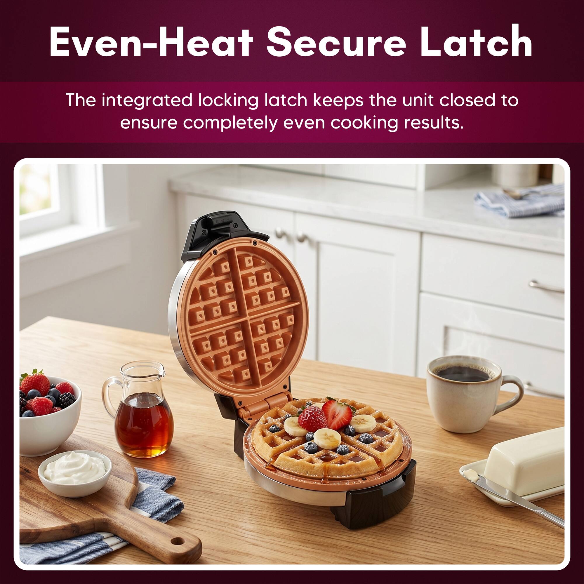 Even-Heat Secure Latch

The integrated locking latch keeps the unit closed to ensure completely even cooking results.