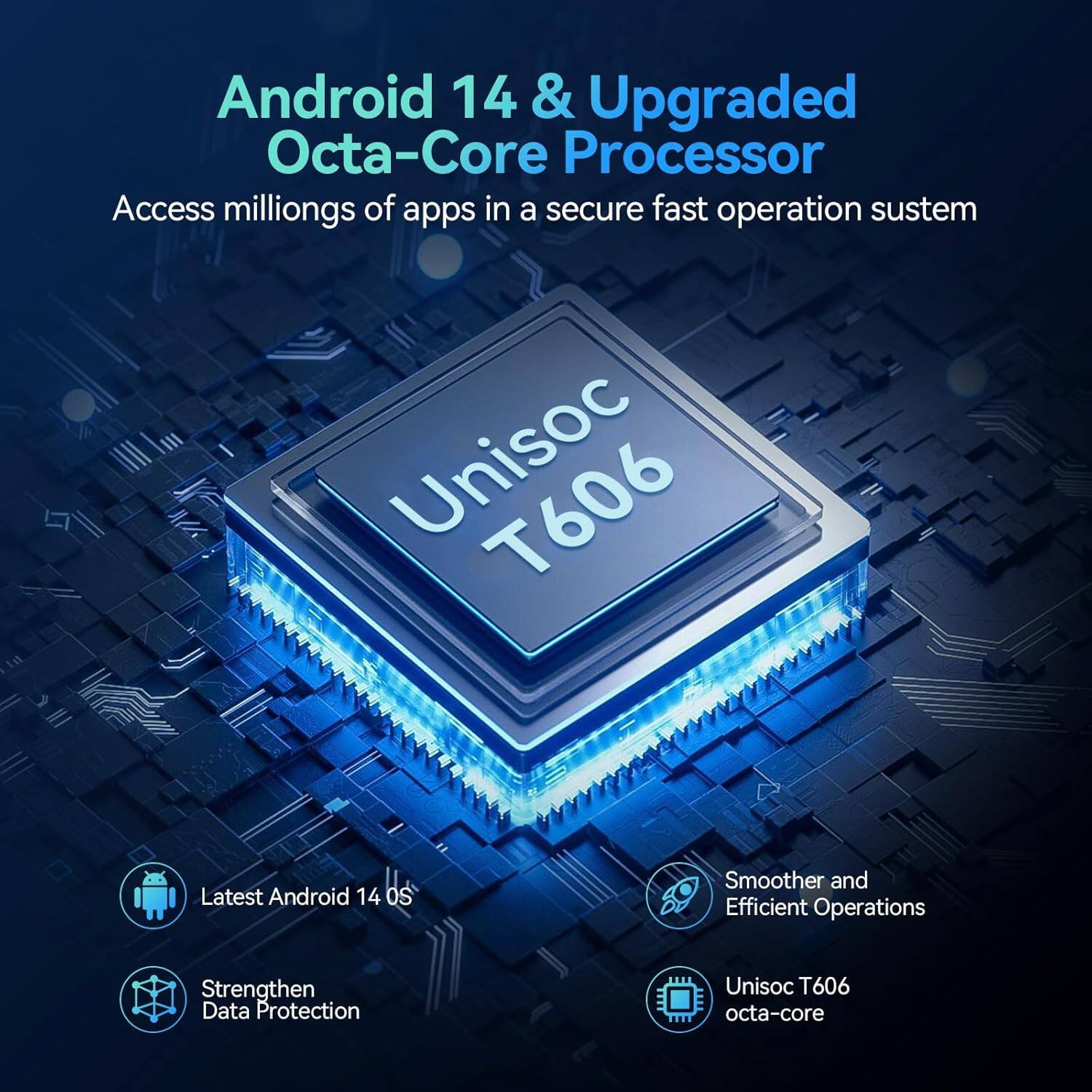 Android 14 & Upgraded Octa-Core Processor  
Access millions of apps in a secure fast operation system  

- Latest Android 14 OS  
- Smoother and Efficient Operations  
- Strengthen Data Protection  
- Unisoc T606 octa-core