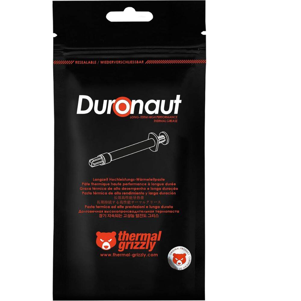 RESEALABLE / WIEDERVERSCHLIESSBAR

Duronaut  
LONG-TERM HIGH PERFORMANCE THERMAL GREASE

Langzeit Hochleistungs-Wärmeleitpaste  
Pâte thermique haute performance longue durée  
Grasa termica de alto desempenho . longa durao  
Pasta termica de alto rendimiento y larga duración  
Pasta termica ad alte prestazioni . lunga durata

thermal grizzly  
ORIGINAL PRODUCT  
www.thermal-grizzly.com