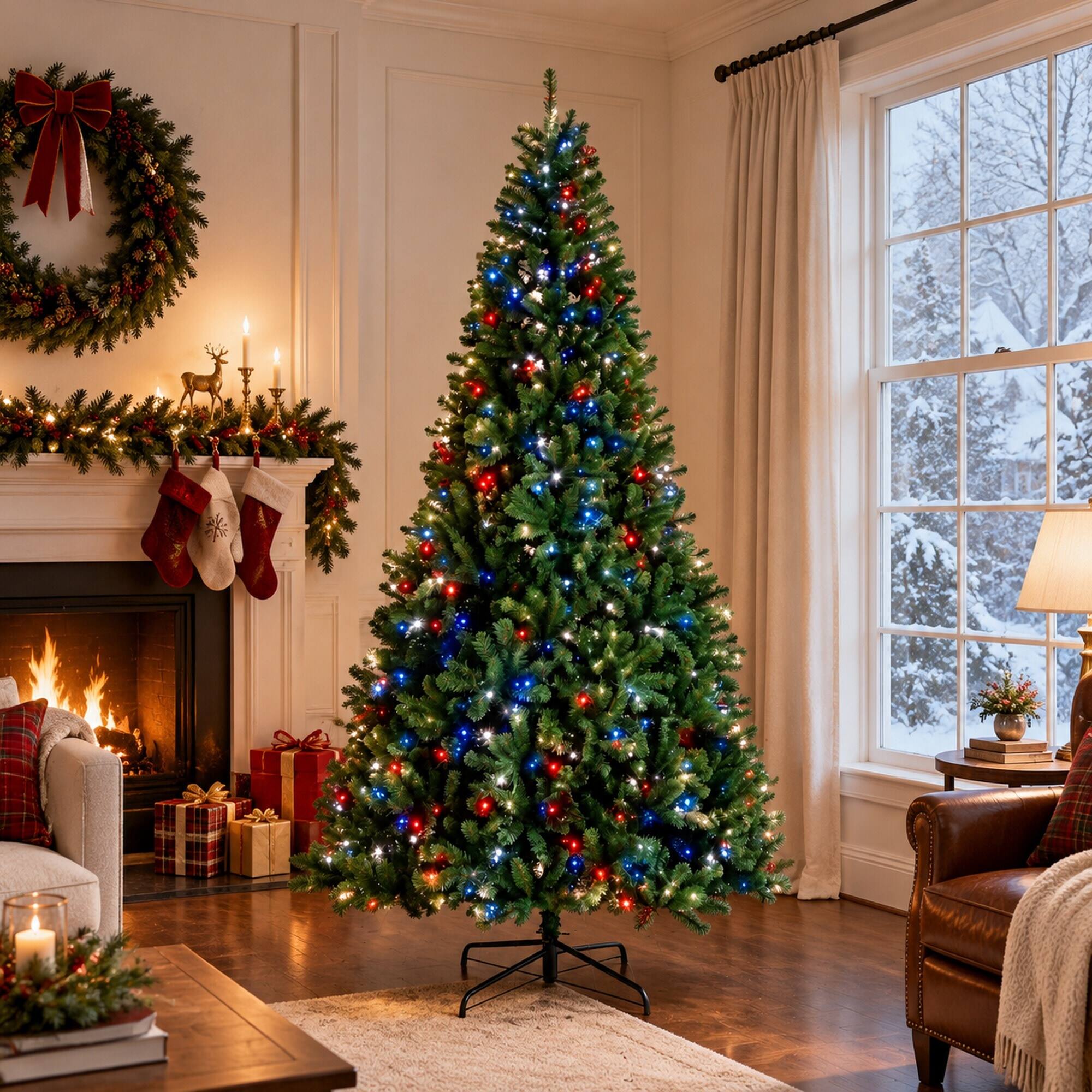 Left. RYHNUYNE - 9FT Pre-Lit Artificial Christmas Tree With RGB Dynamic LED Lights and Remote, Built-In Timer and Hinged Branches - Green.