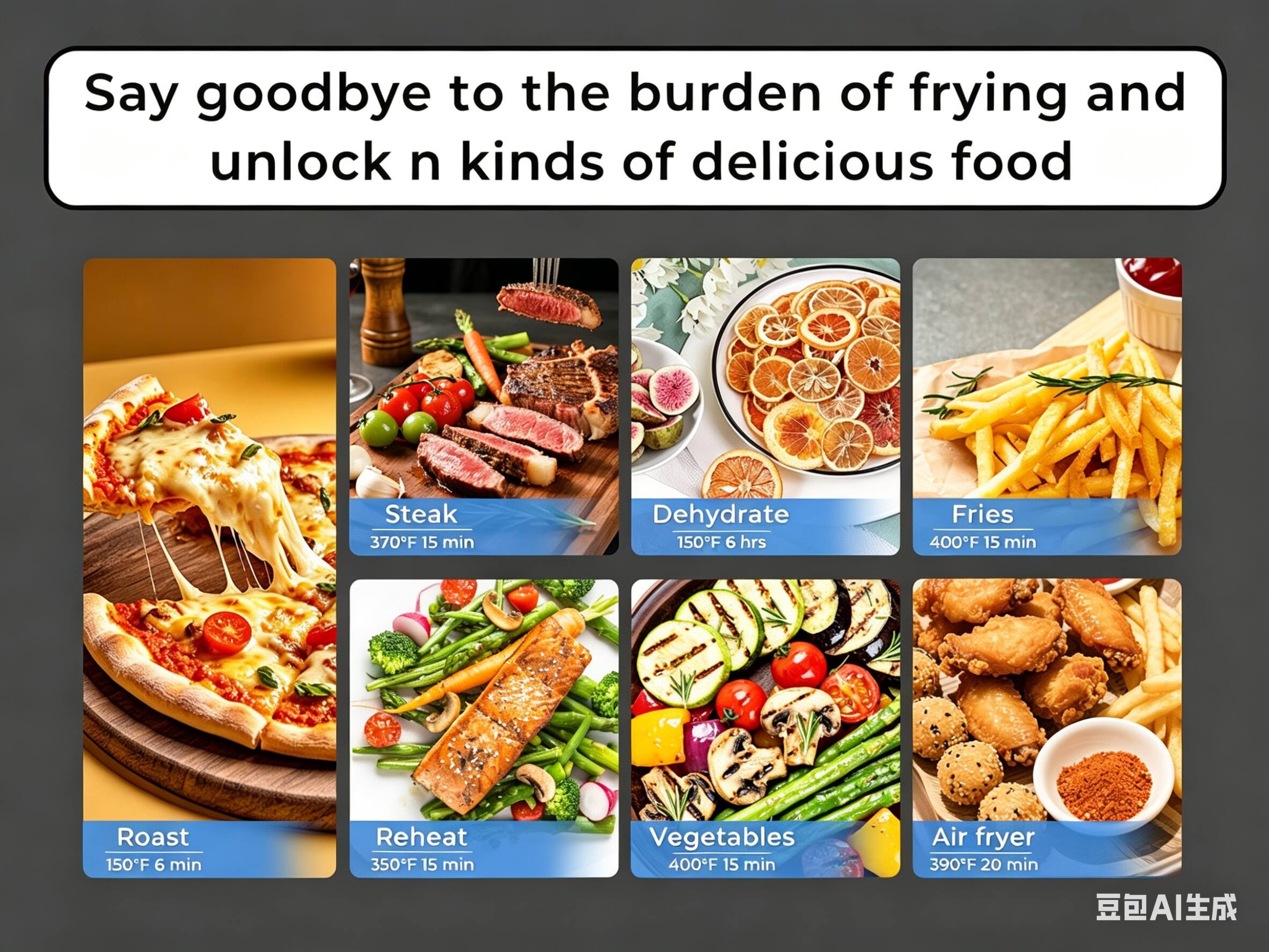 Say goodbye to the burden of frying and unlock n kinds of delicious food

- Steak: 370°F 15 min
- Dehydrate: 150°F 6 hrs
- Fries: 400°F 15 min
- Roast: 150°F 6 min
- Reheat: 350°F 15 min
- Vegetables: 400°F 15 min
- Air fryer: 390°F 20 min