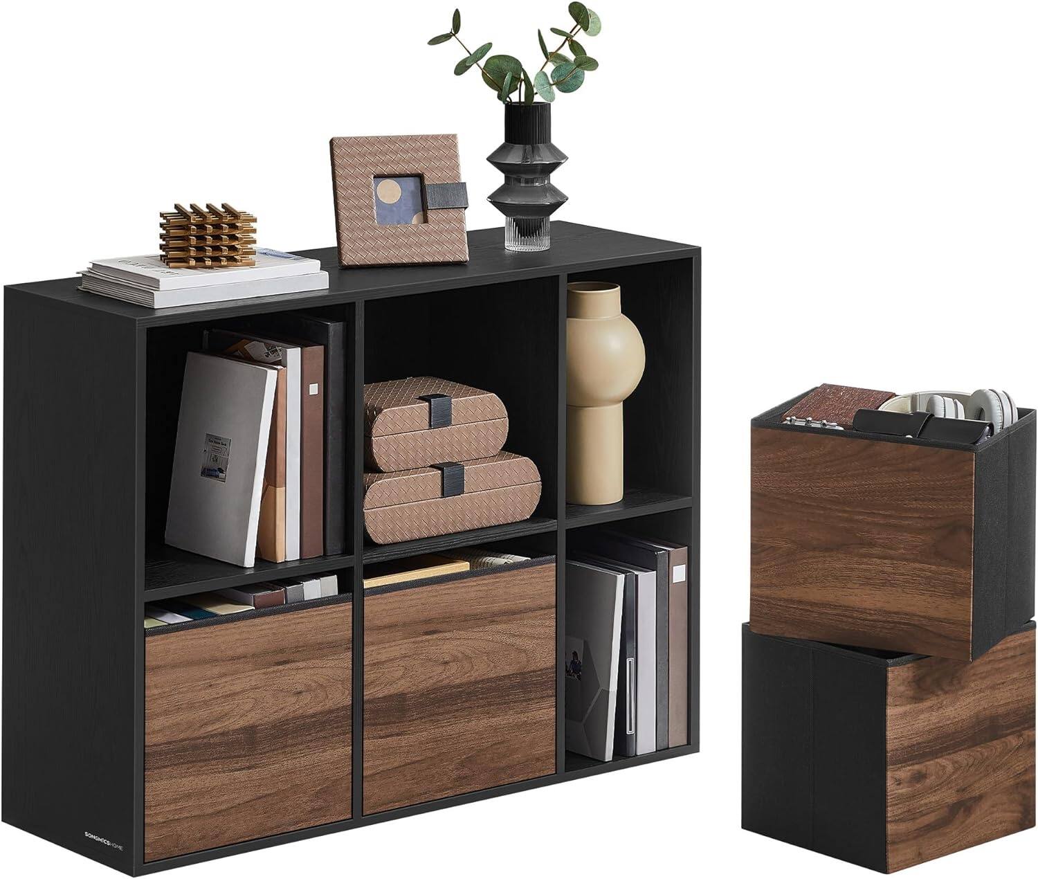Songmics Home - 6 Compartments with 4 Fabric Drawers, Toolless Assembly, Natural Walnut & Ebony Black - Brown
