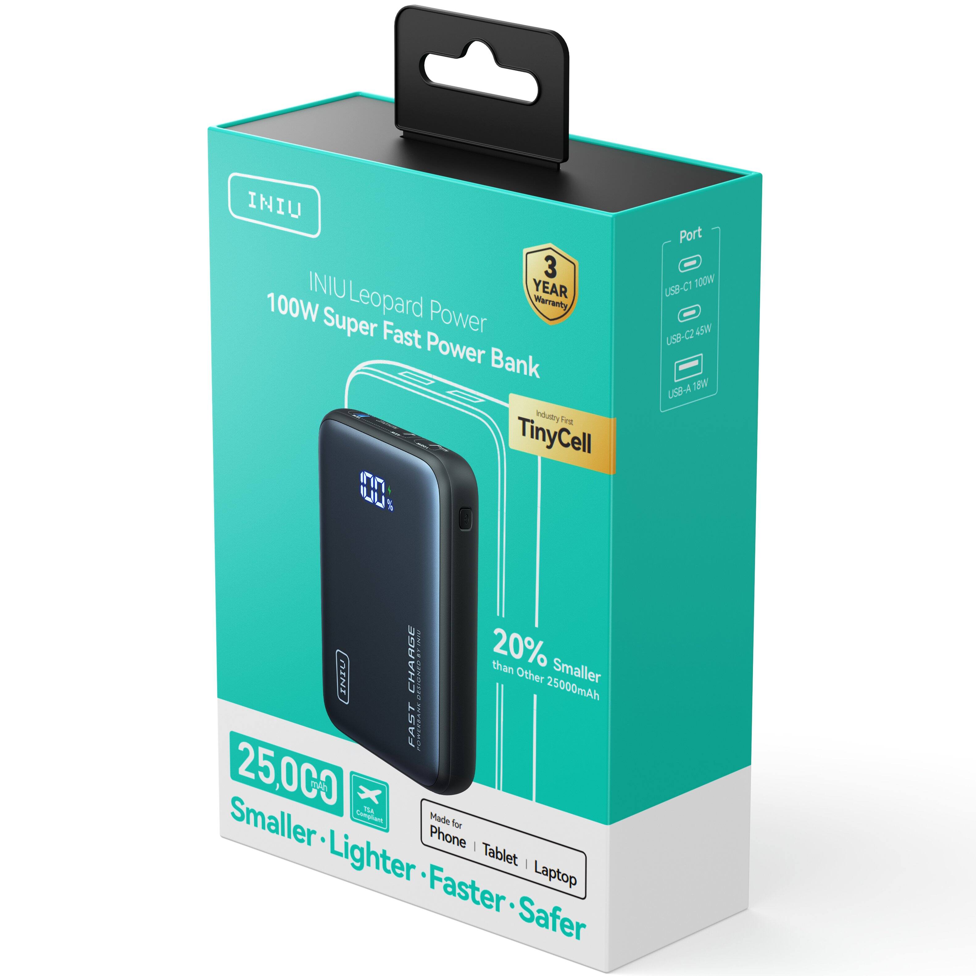 INIU Leopard Power Bank  
100W Super Fast Power Bank  
TinyCell  

3 YEAR Warranty  

Port  
USB-C 100W  
USB-C 45W  
USB-A 18W  

20% Smaller than Other 25000mAh  

25,000mAh  
Smaller - Lighter - Faster - Safer  

Made for Phone | Tablet | Laptop