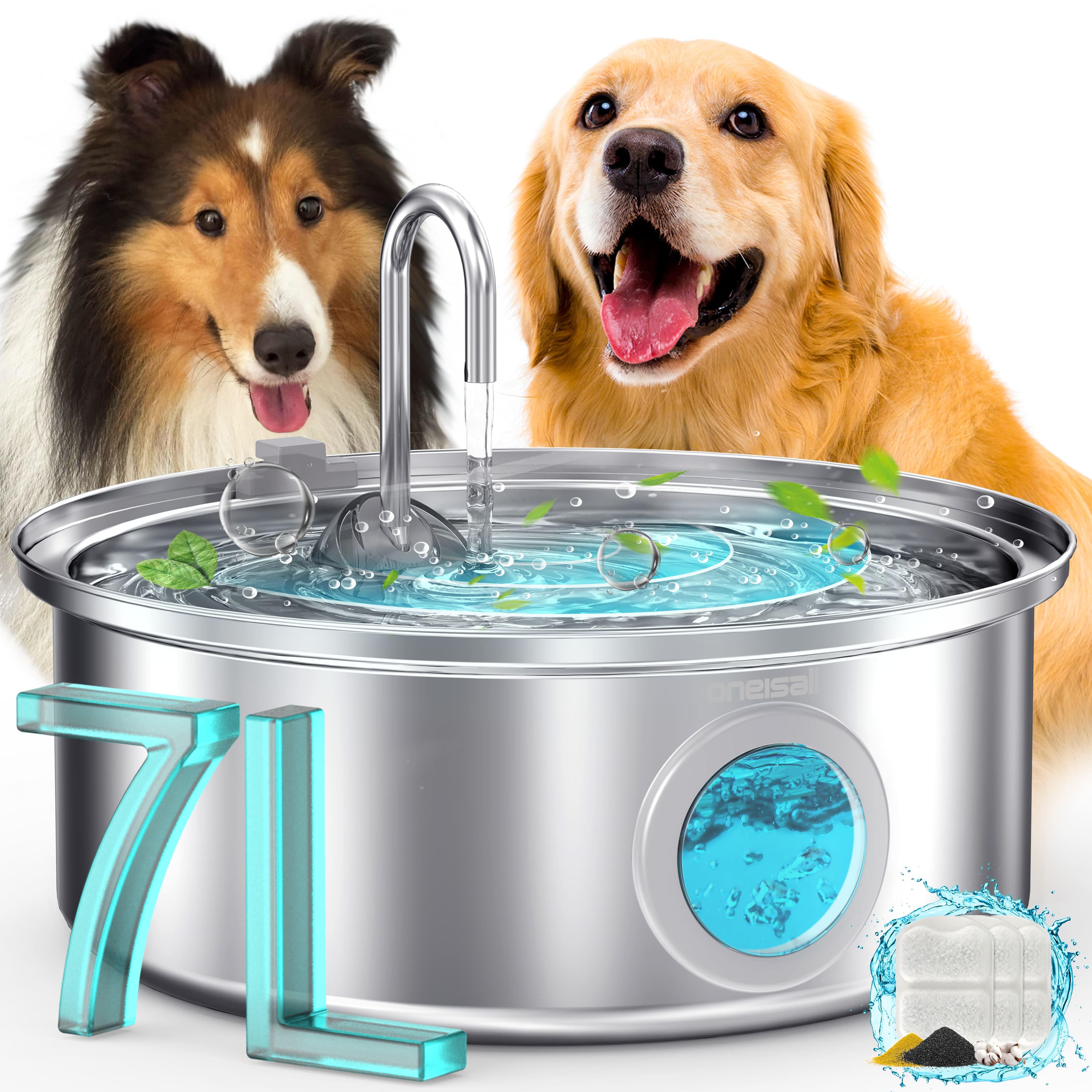 Oneisall - 7L/230oz Dog Water Fountain 5 Stage Filtration System with Visible Water Level with 3 Filter - Stainless Steel