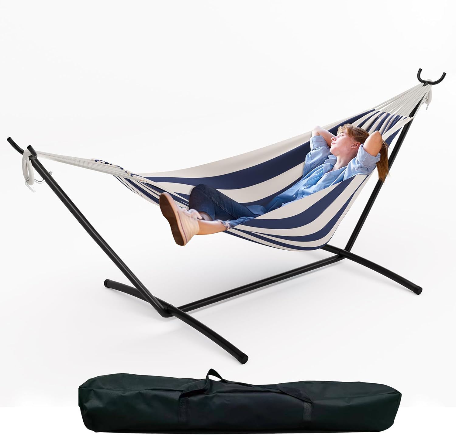 Alt View 2. Homhougo - Double Portable Hammock w/Stand, 475 LB Capacity, Thick Rope & Quilted Pillow.