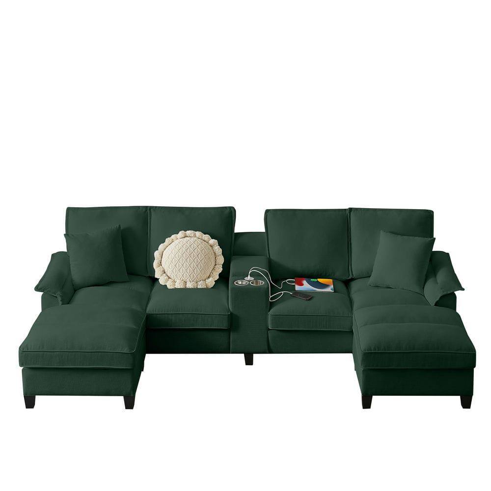 Alt View 5. Kadyn - 120" U-Shaped Sectional Sofa Bed, 4-Seater Corduroy with Storage and Built-In Cup Holders, Green - Green.