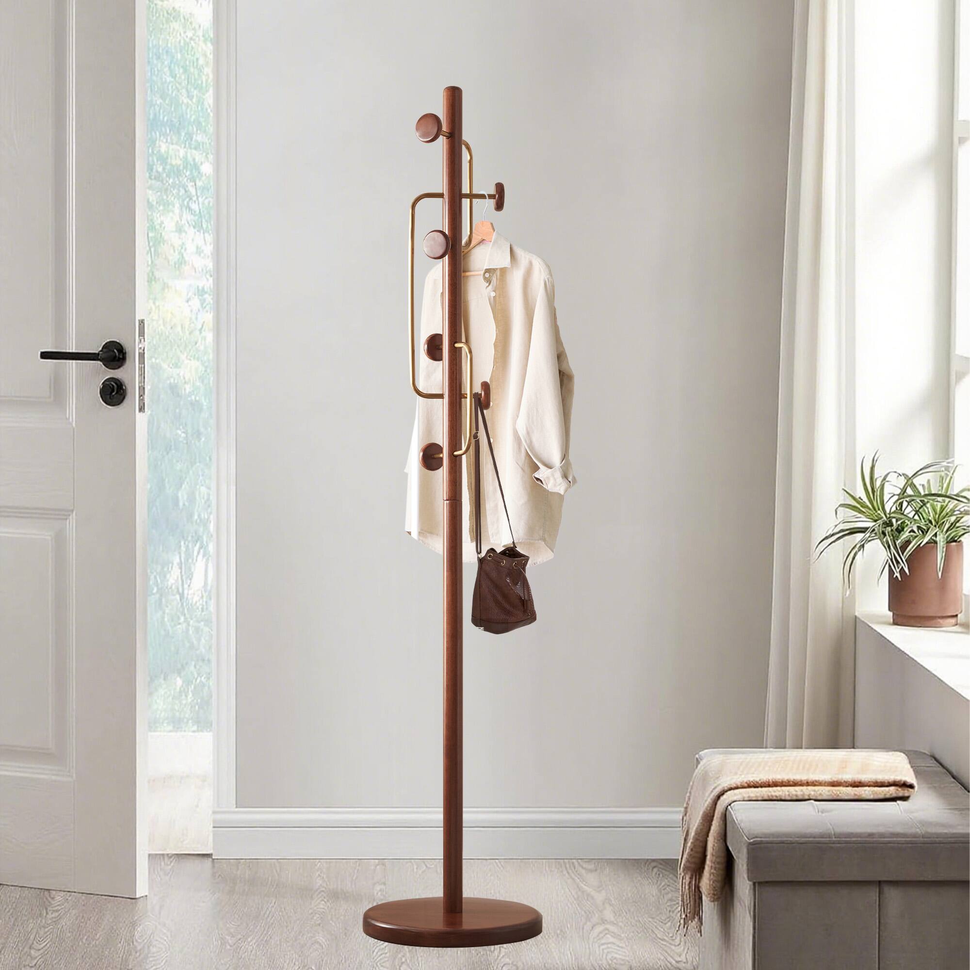 Front. Chateau Abodes - Wood Coat Rack Freestanding with 6 Hooks, Hall Tree Sturdy Base for Entryway, Hallway, Bedroom - Walnut.