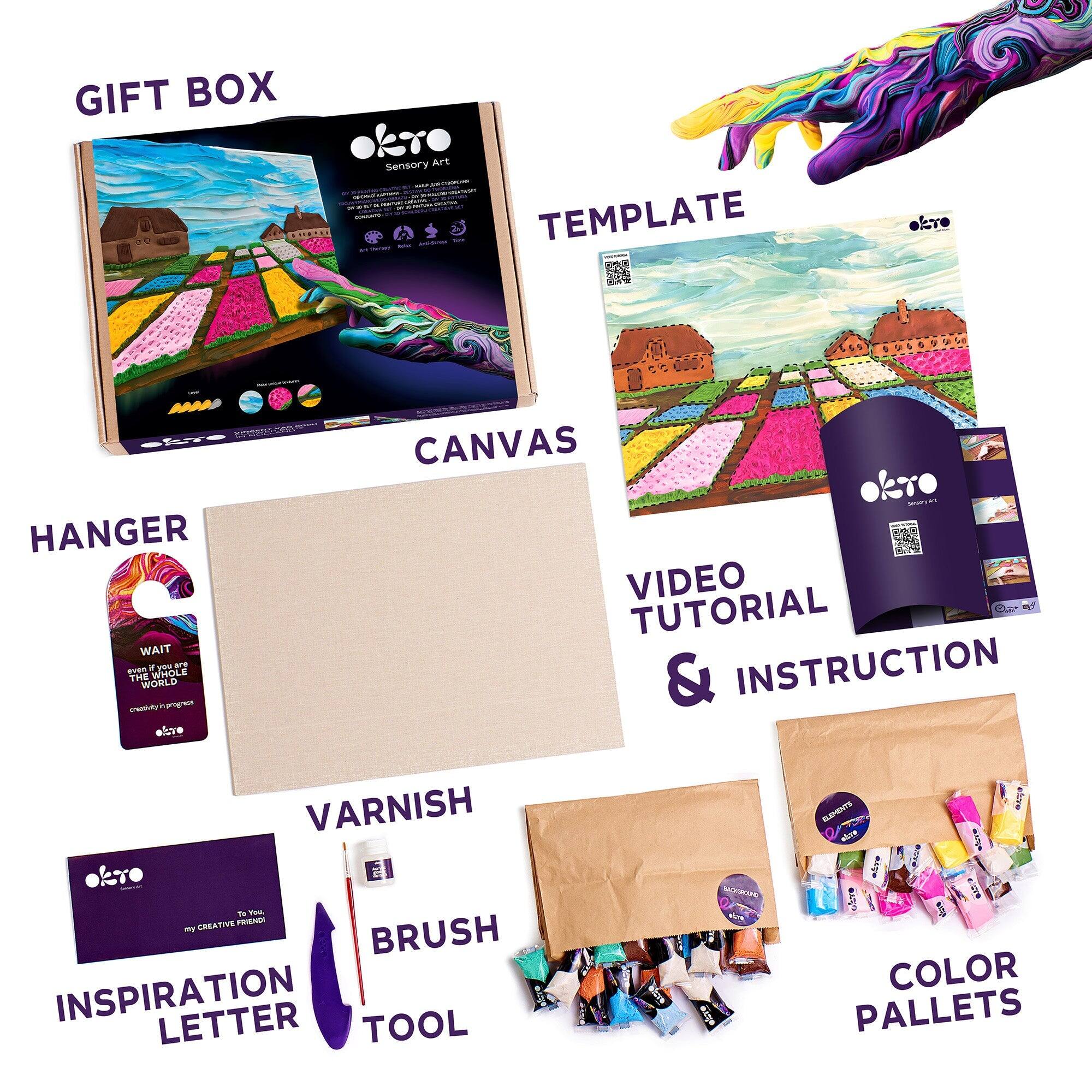 GIFT BOX okro Sensory Art TEMPLATE CANVAS HANGER WAIT - YD WHOLE THE WORLD VIDEO TUTORIAL & INSTRUCTION VARNISH BRUSH INSPIRATION LETTER TOOL COLOR PALLETS
