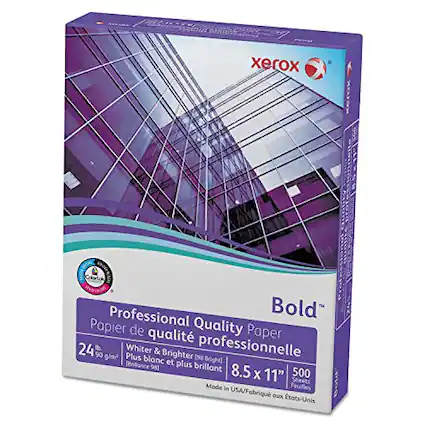 Xerox Coloriok Professional Bold
Papier de qualité professionnelle
24 lb. 90 g/m²
Whiter & Brighter (98% Brilliance et plus brillant)
8.5 x 11" Sheets
500 Feuilles
Mode in USA / Fabriqué aux États-Unis