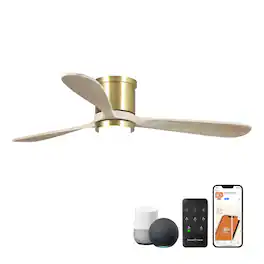 Parrot Uncle - 52" Low Profile Smart Ceiling Fan with Light and Remote Control, App Control, Voice Control - Gold