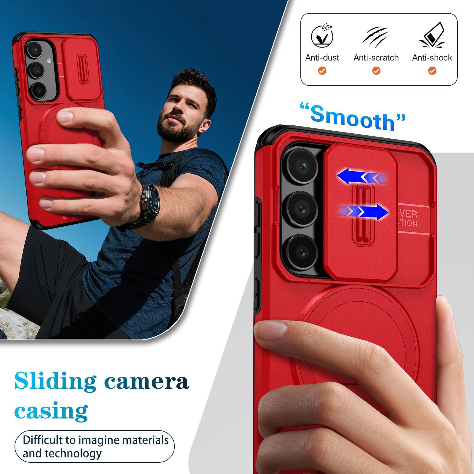 Anti-dust  
Anti-scratch  
Anti-shock  
"Smooth"  
Sliding camera casing  
Difficult to imagine materials and technology