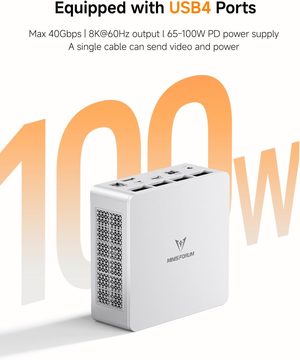 Equipped with USB4 Ports  
Max 40Gbps | 8K@60Hz output | 65-100W PD power supply  
A single cable can send video and power  

100W