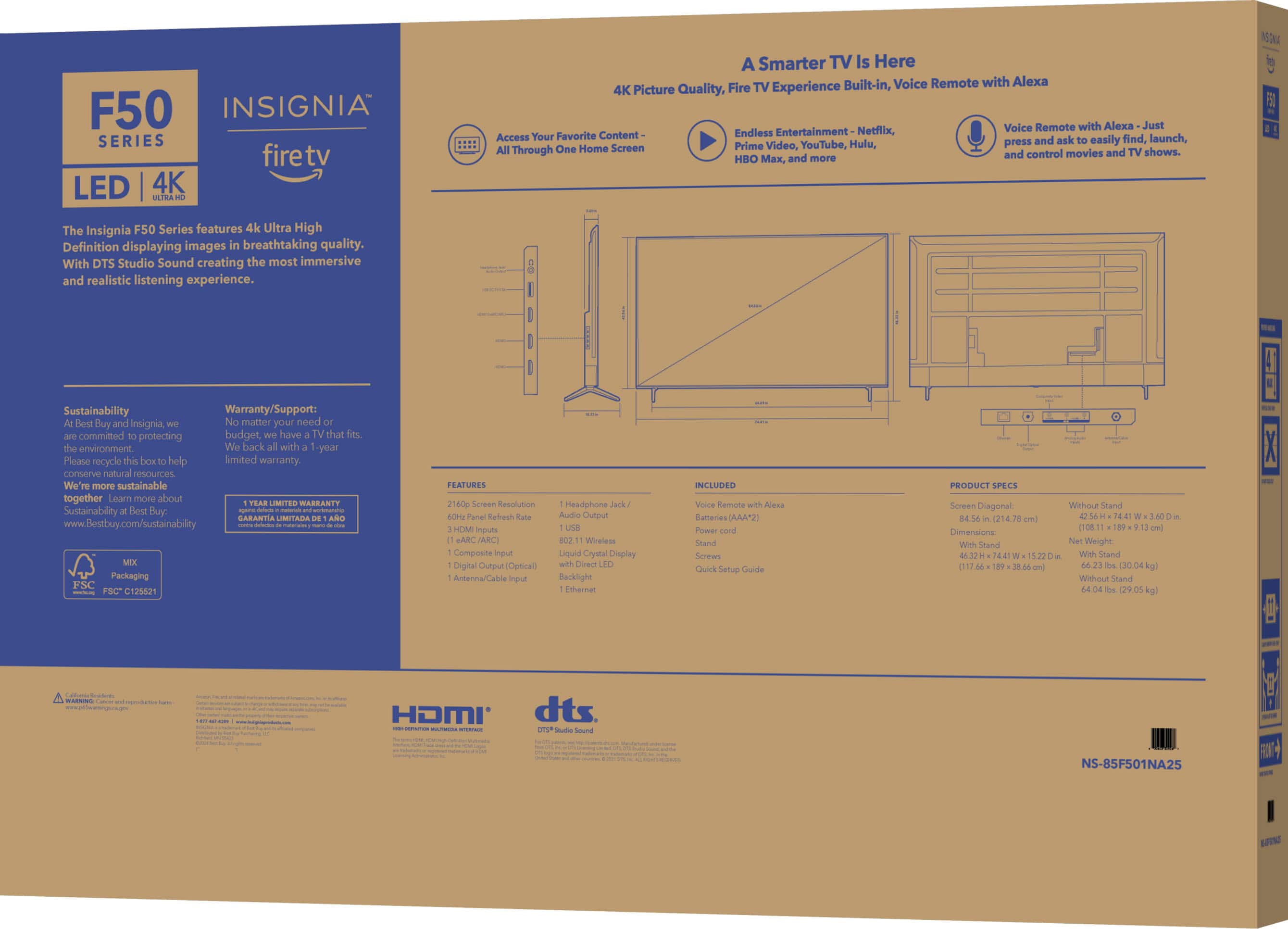 The image features a blue box with the words "Insignia F50 Series" written on it. The box contains a 4K Ultra High Definition television with a voice remote control that has Alexa capabilities. The television offers a Fire TV experience, allowing users to access various streaming services such as Netflix, Prime Video, YouTube, and Hulu. The box also includes a DTS Studio Sound system for an immersive audio experience. The Insignia F50 Series is designed with sustainability in mind, and it comes with a one-year limited warranty. The box also has a recycling label, encouraging users to recycle the packaging to help reduce waste and promote environmental sustainability.