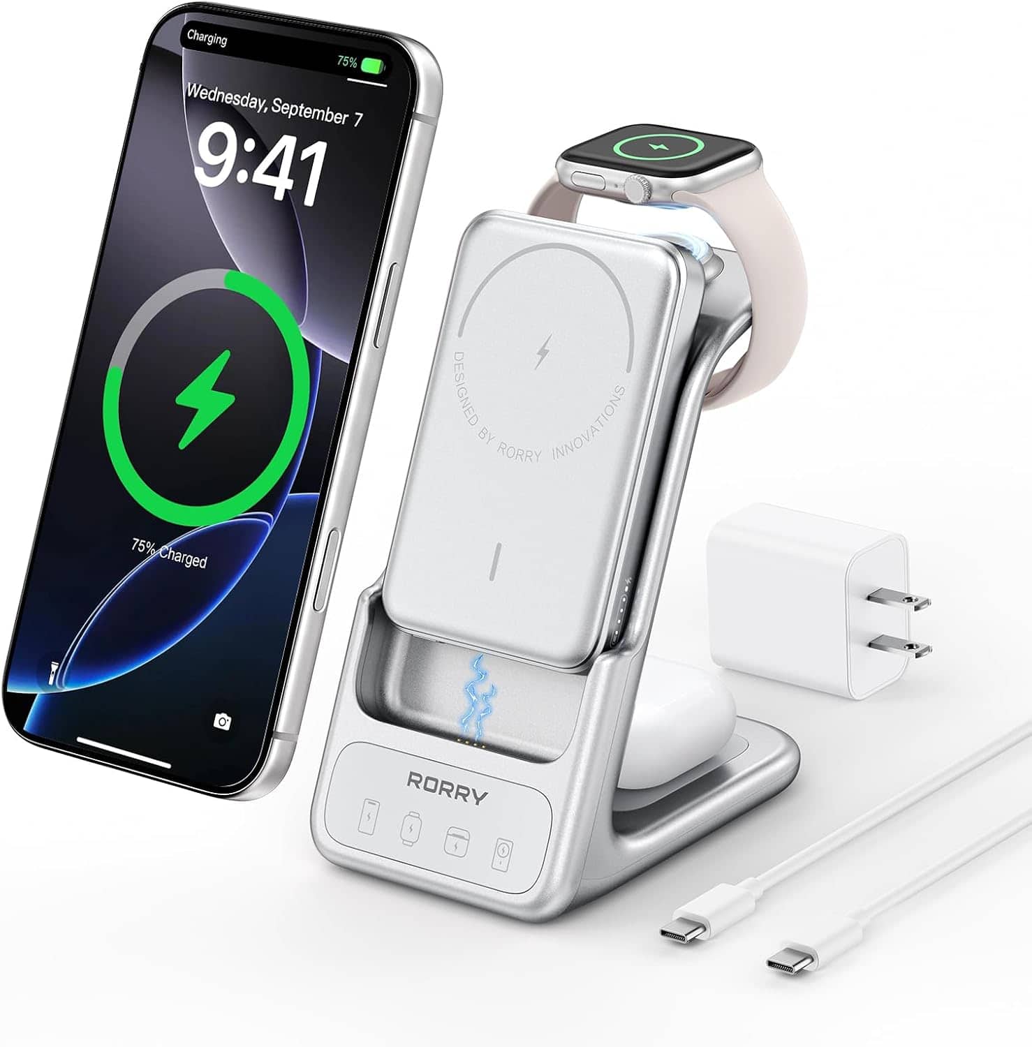RORRY - AuraDock 3-in-1 10000mAh Charging Station, 30W Magnetic Wireless Charger for iPhone, Apple Watch & AirPods - Silver