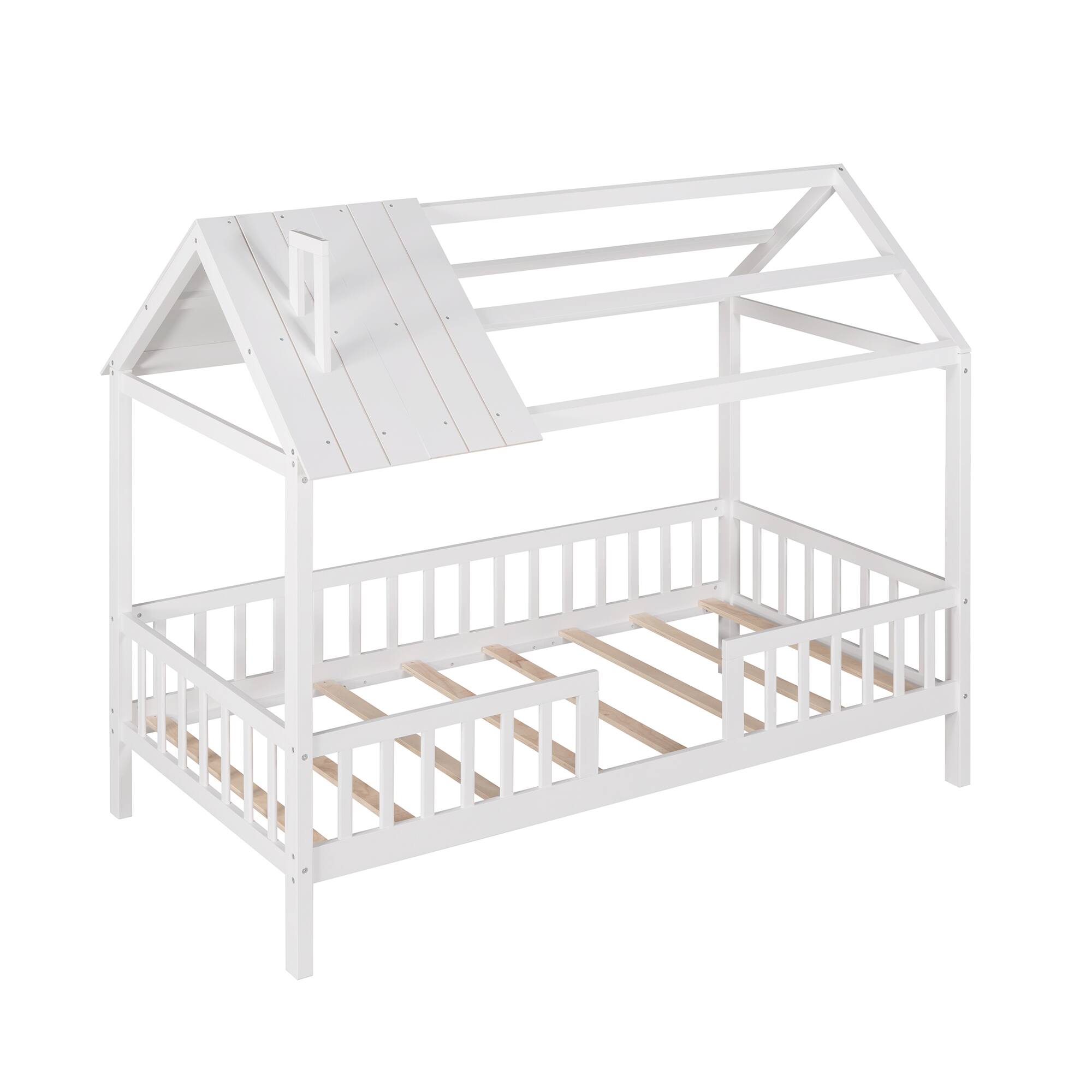 Left. Aukfa - Twin Size Wood House Bed with Fence - Pink.
