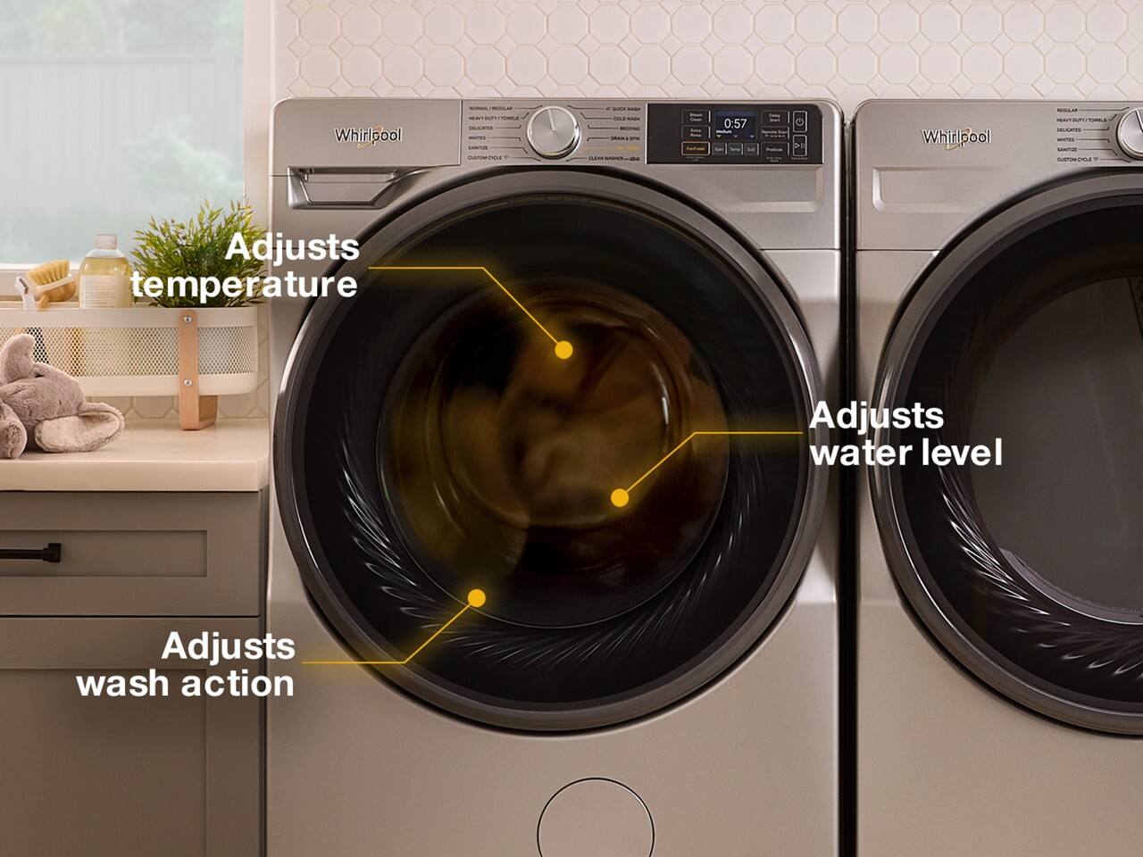 Whirlpool 0:57 - Adjusts temperature - Adjusts water level - Adjusts wash action