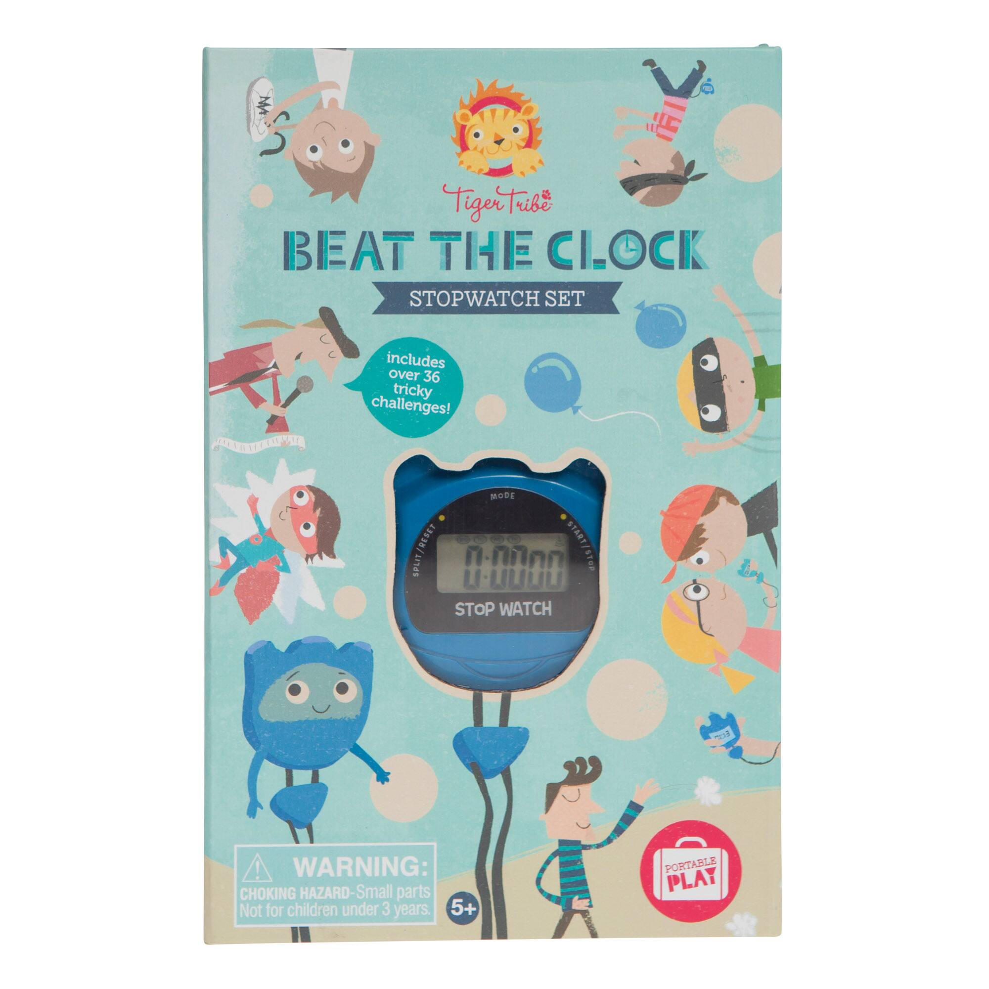 Tiger Tribe BEAT THE CLOCK STOPWATCH SET  
includes over 36 tricky challenges!  
MODE SPLIT/RESET . - START/STOP STOP WATCH  
WARNING: CHOKING HAZARD-Small parts Not for children under 3 years. 5+  
PORTABLE PLAY