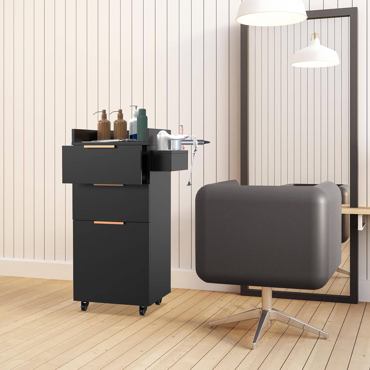 Left. Winado - Salon Trolley Cart Hair Cart with Wheels & Drawers & Storage Cabinet & Hair Dryer Holders for Barber Shop, Beauty Salons - Black.