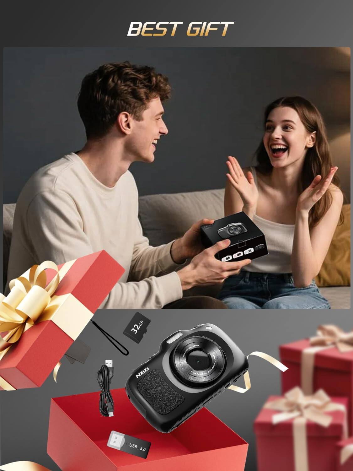NBD K200A Black Compact 4K Camera, 64MP Autofocus, 16X Digital