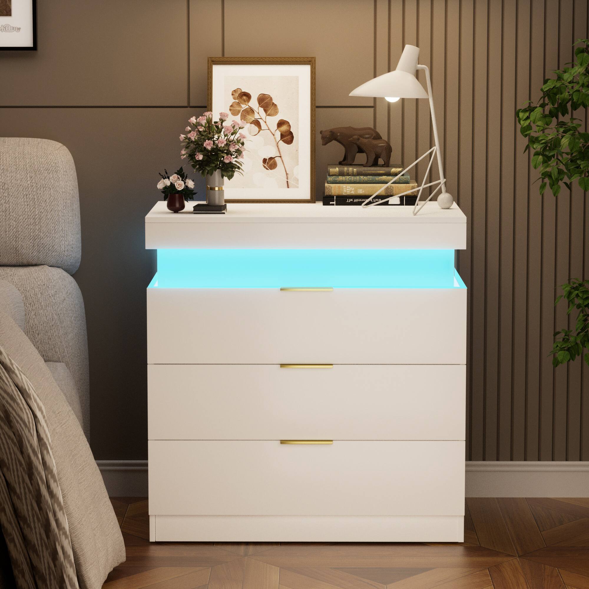 Angle. Tiramisubest - Modern Nightstand with 3 Drawers,Charging Station and LED Lights,Night Stand with Sliding Top for Bedroom,White - White.