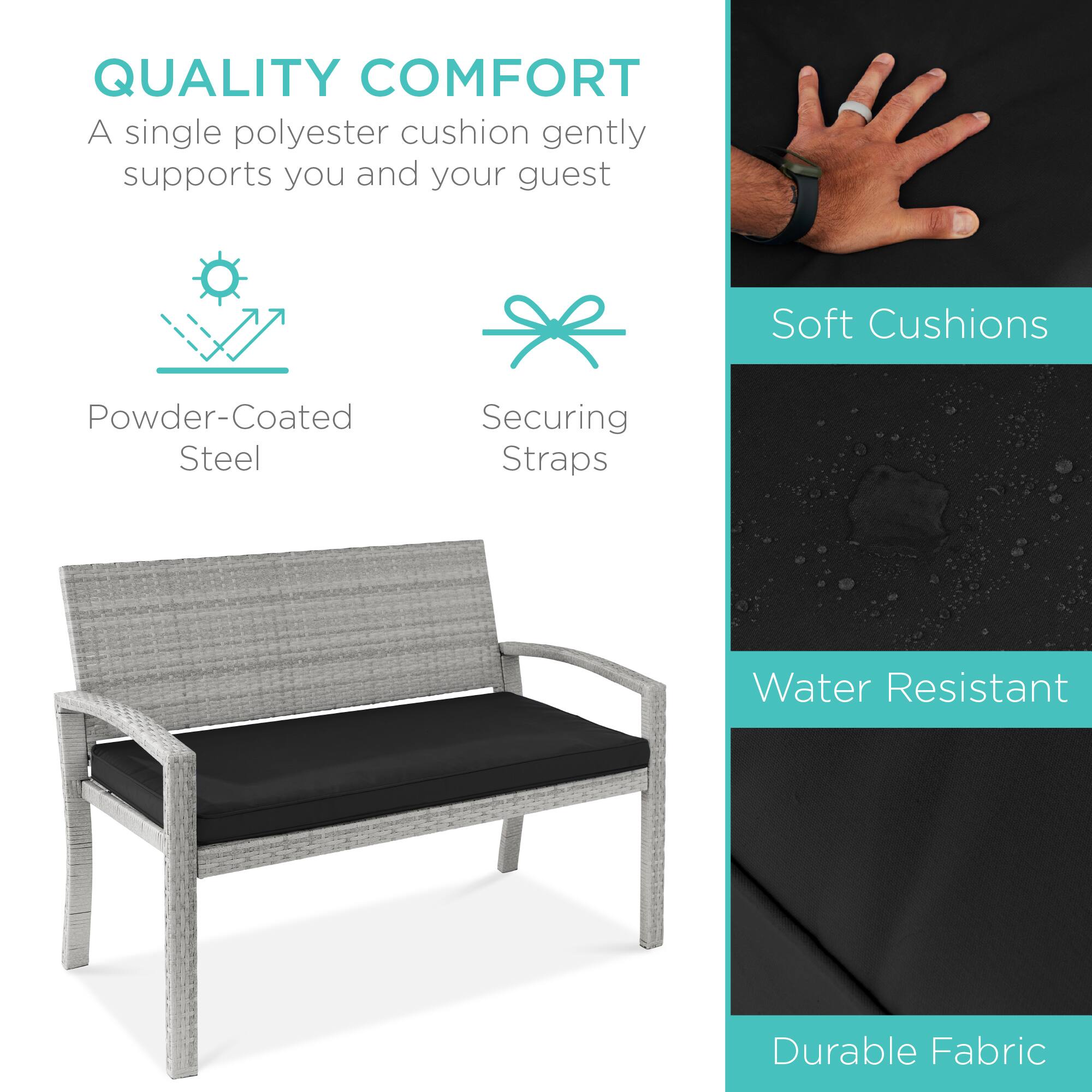 QUALITY COMFORT  
A single polyester cushion gently supports you and your guest  

Powder-Coated Steel  
Securing Straps  

Soft Cushions  
Water Resistant  
Durable Fabric