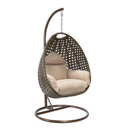 LeisureMod - Wicker Hanging Egg Chair with Iron Stand & Cushion - All-Weather Single Outdoor Patio Swing - Beige
