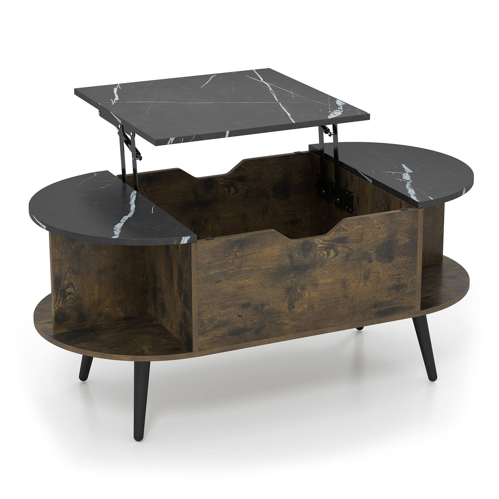Alt View 9. Costway - Costway Faux Marble Lift Top Coffee Table with Hidden Compartment, Shelves for Living Room - Black & Rustic Brown.