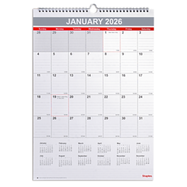 Staples - 2026 12" x 17" Monthly Wall Calendar, (ST53913-26) - White/Red/Gray